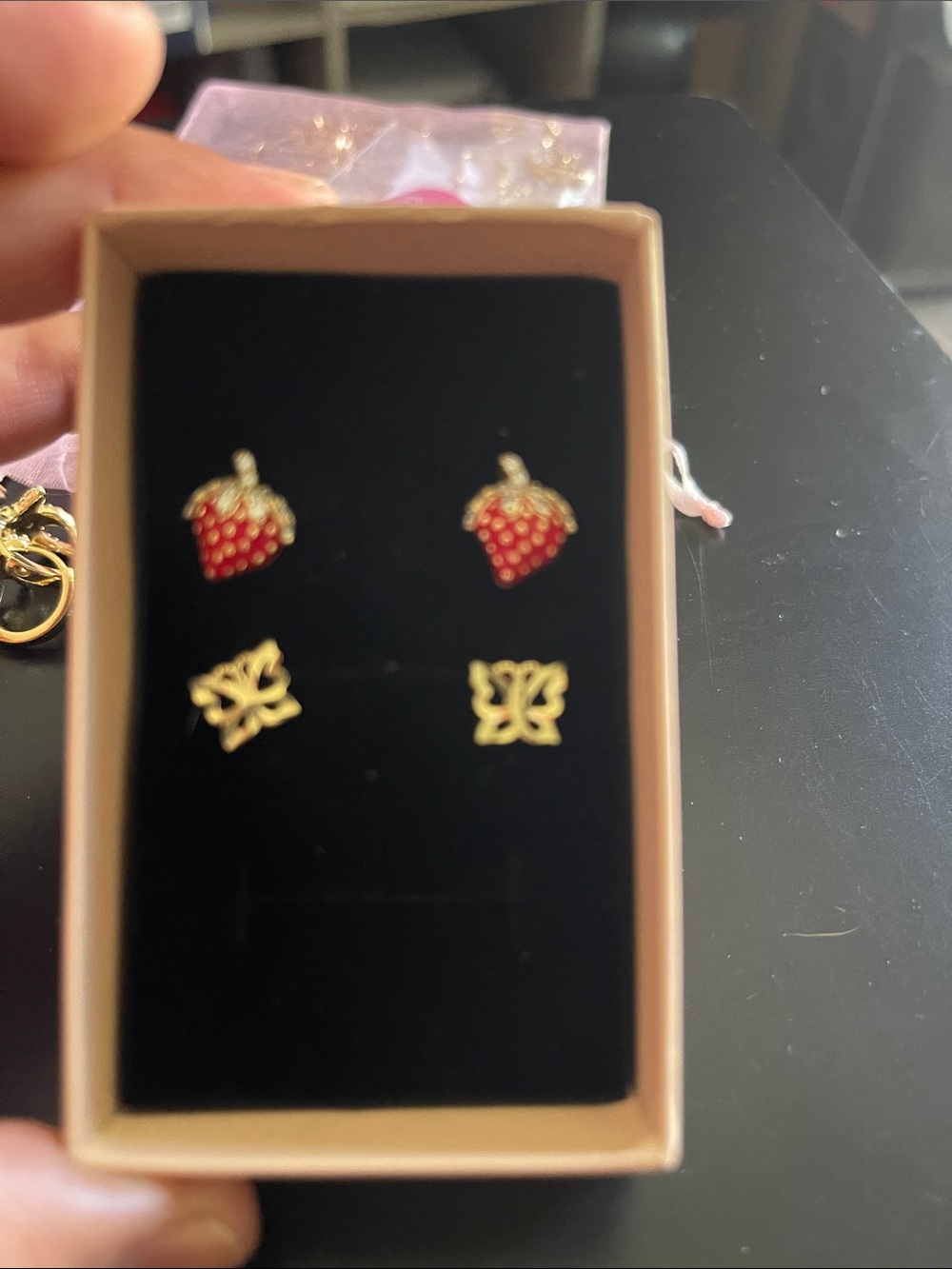 Delicate Gold Butterfly and Red Strawberry Stud Earring Duo